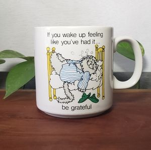 Vintage Russ Berrie Cat Funny Coffee Mug "Be Grateful" Cat in Bed